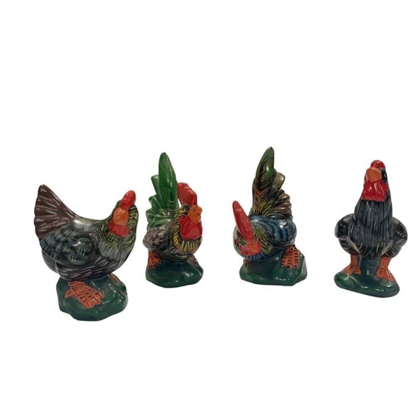 Vintage Hand Painted Ceramic Roosters Chickens Set of 4 Figurines Farmhouse - Picture 1 of 14